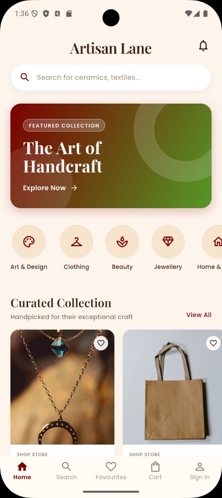 Artisan Lane app home screen