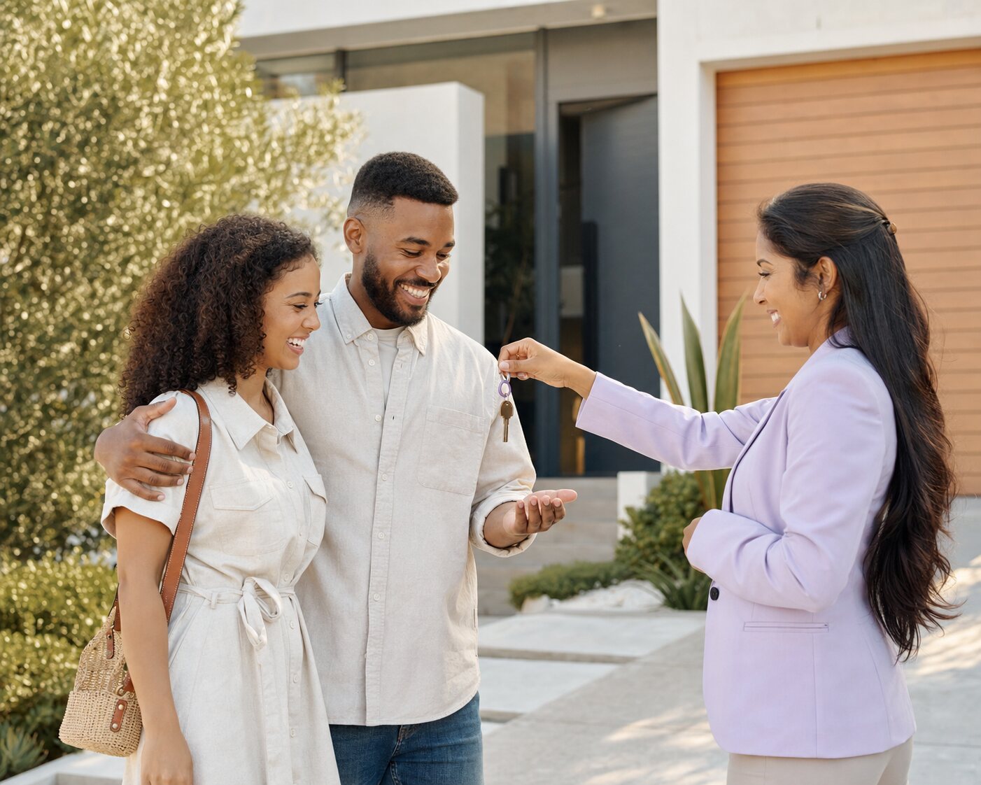 A couple receiving the keys to their new home from an estate agent