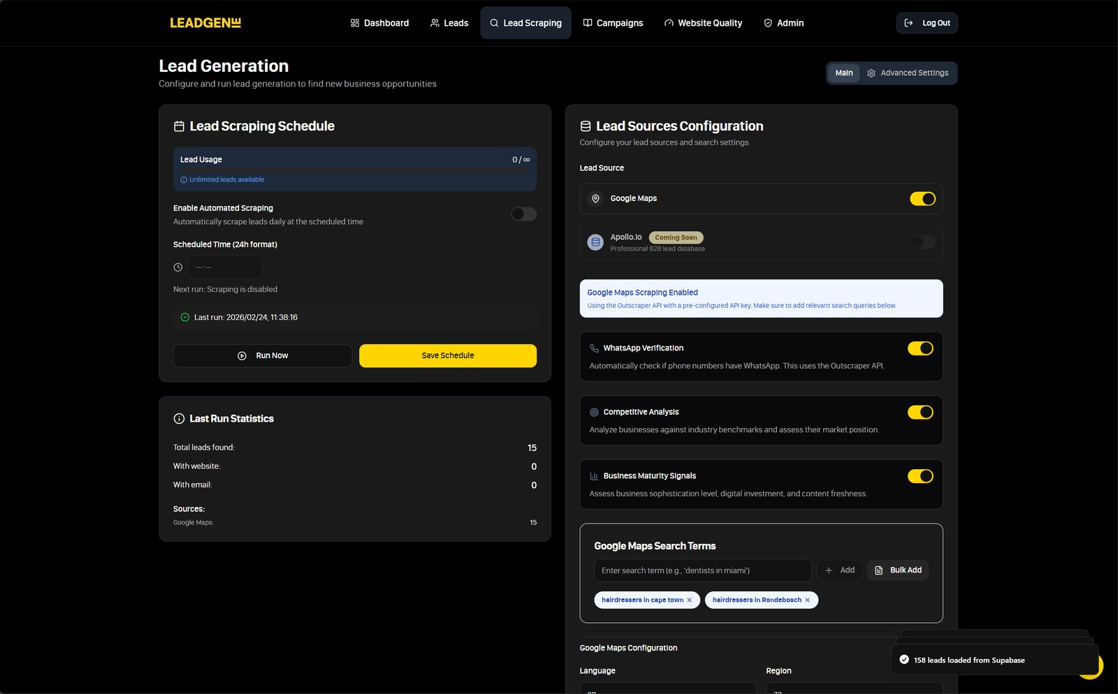 LeadGenie lead scraping dashboard with schedules, sources and run statistics